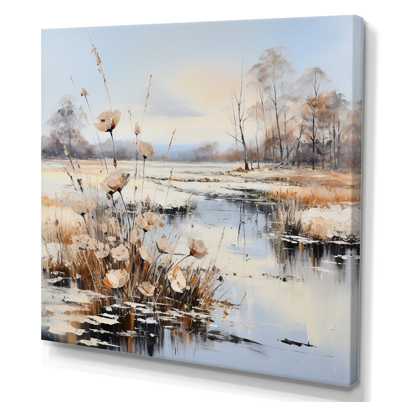 Charme de rivière en hiver, H 24 po x l 24 po x P 1 po, Toile tendue