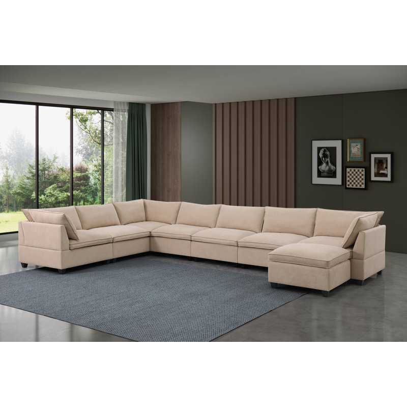 Canapé modulaire en polyester avec repose-pieds Llorente, Polyester beige