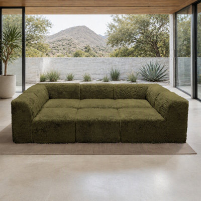 Canapé d'angle modulaire 6 pièces pour salon, couleur vert olive, rembourrage en fausse fourrure et mousse haute densité compressée, fauteuils sans accoudoirs, pouf