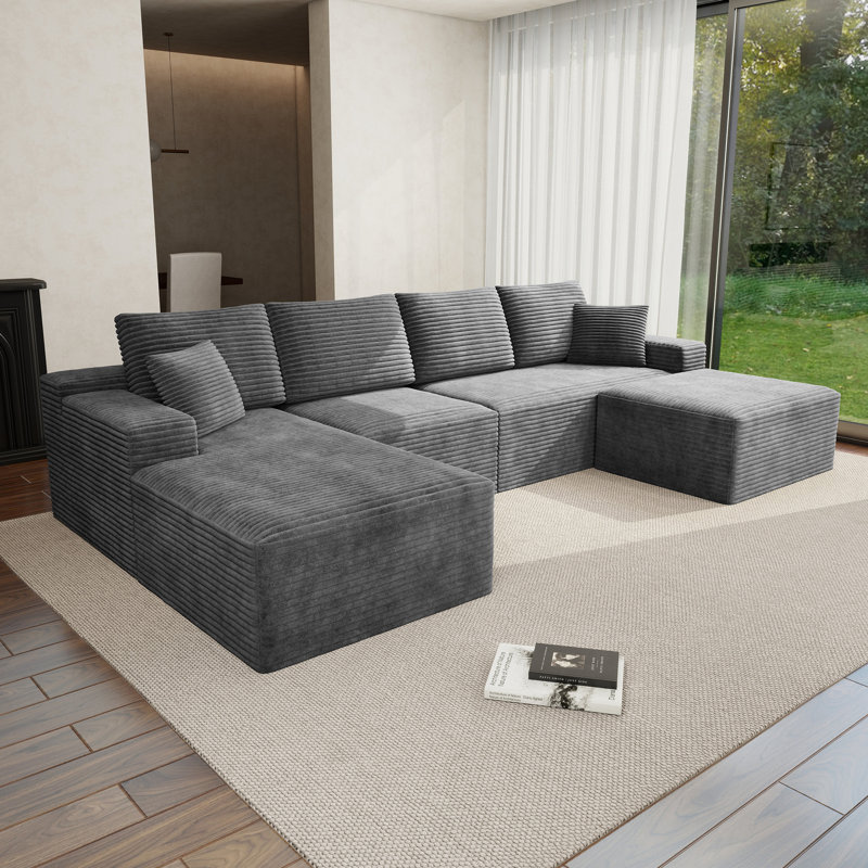 Canapé modulaire en U de 132 po pour 4 personnes, canapé à compression, velours côtelé gris, faisant face à la gauche