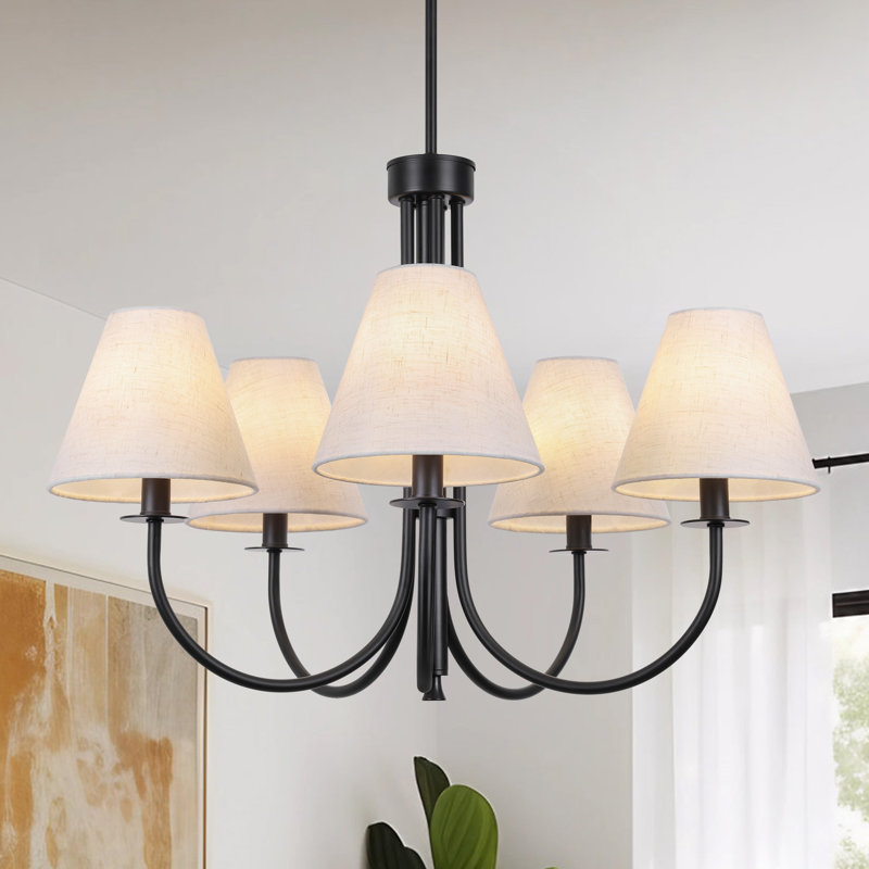 Black 5 - Light 27"W Dimmable Classic / Traditional Chandelier with Linen Shade for Dining Room, Matte Black, Beige