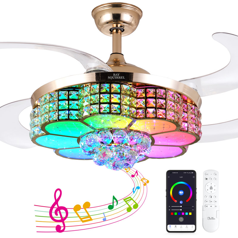 42-inch Retractable Room Decor Crystal Fan with Colorful Lighting, Built-in Speaker, Remote Control & App Control, 6-Speed Reversible Blades, 3-Color LED Dimmable Pendant Light Fan with Color Temperature Memory