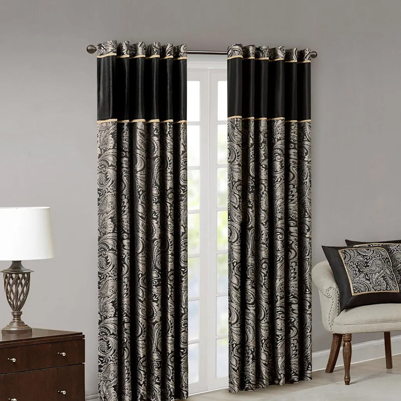 Jacquard Curtain Panel Pair(2 Pcs Window Panels), 50" W x 84" L, Black