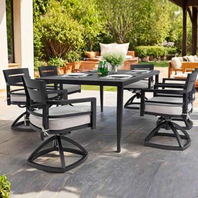 Ensemble de salle à manger 7 pièces en aluminium pour patio, ensemble de salle à manger moderne, comprenant 6 chaises berçantes pivotantes en tissu Sunbrella rembourrées et rectangulaires avec trou pour parasol, noir Ember