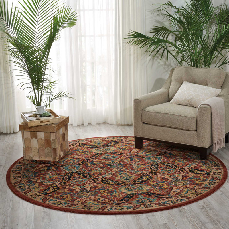 Tapis rouge d'inspiration persane Tonita, Rond 7 pi 5 po
