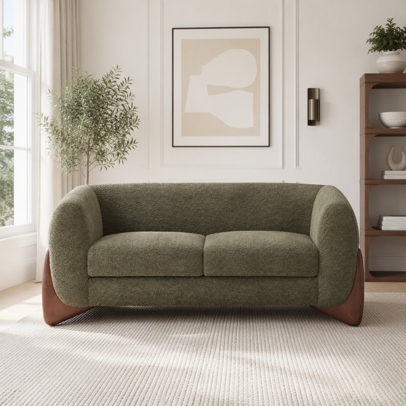 Causeuse Boucle en velours vert olive, Tissu vert olive