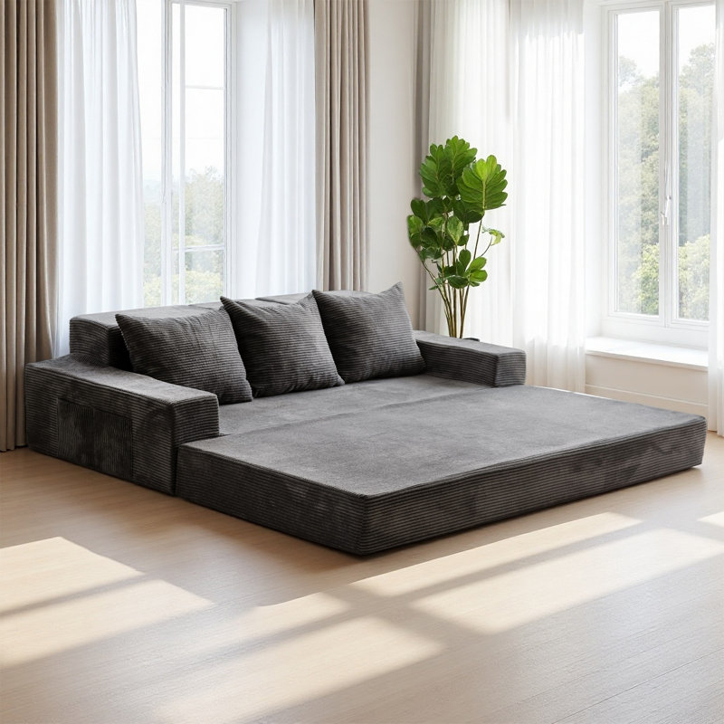 Boneless 4 In 1 Convertible Boneless Sofa Couch Foldable Floor Sofa Bed In A Box With 2 Cup Holders, Gray