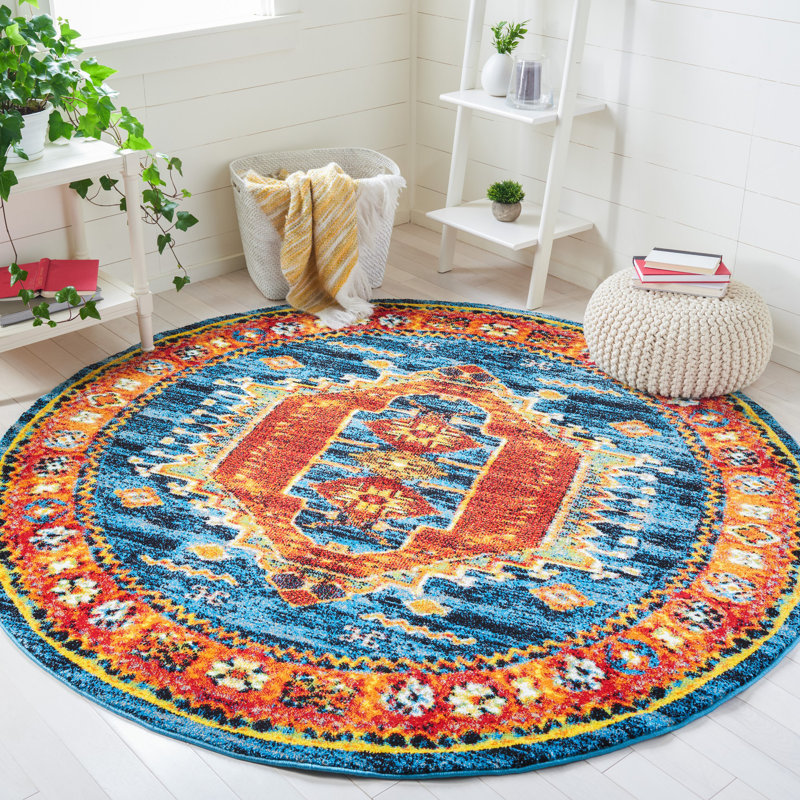 Tapis bleu / rouge Drumawillin Southwestern, Rond 6 pi 7 po