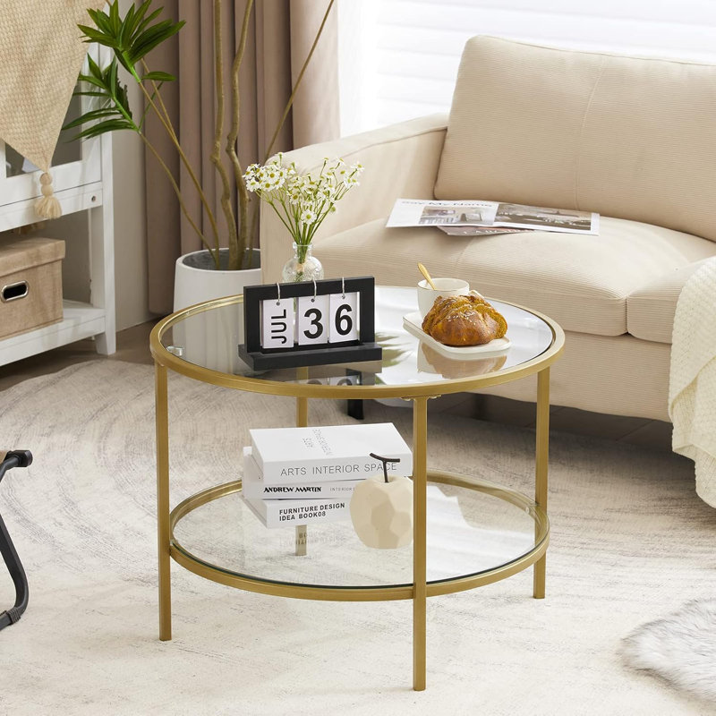 VINGLI Double Coffee Table Round Glass 78*78*49Cm, Champange Gold