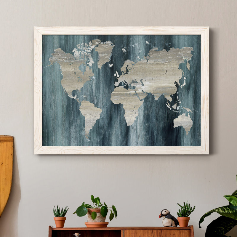 " Navy World Map ", White Framed, 23" H x 32" W x 1" D