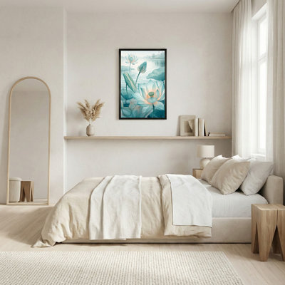 «Blue Lotus Flowers In Misty Water With Reeds», art mural sur toile