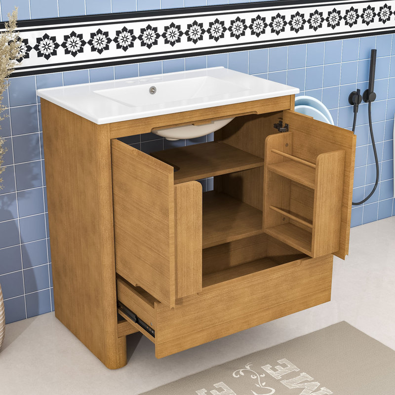 Meuble-lavabo moderne avec lavabo durable et rangement, Naturel