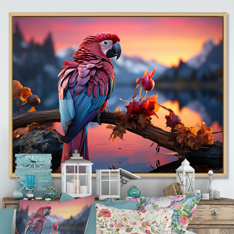 Coucher de soleil rouge et bleu avec plumage radieux au coucher du soleil, Cadre flottant naturel, H 24 po x l 32 po x P 1 po