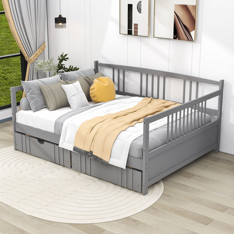 Lit de jour en bois avec 2 tiroirs, Double, gris