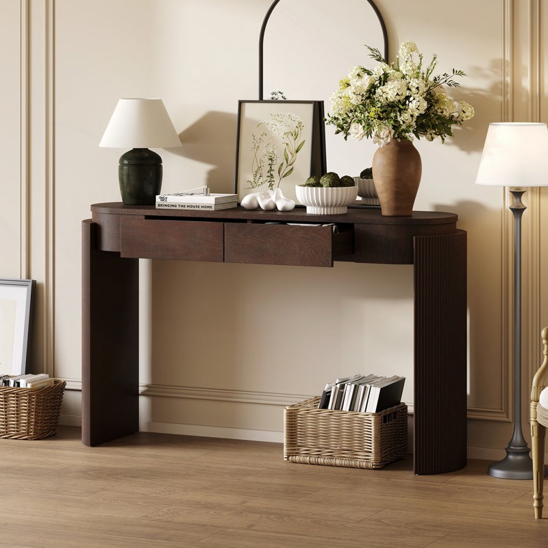 Table d'entrée avec finition grain de bois naturel, console avec conception cannelée, plateau ovale et 2 tiroirs pour l'entrée et le salon