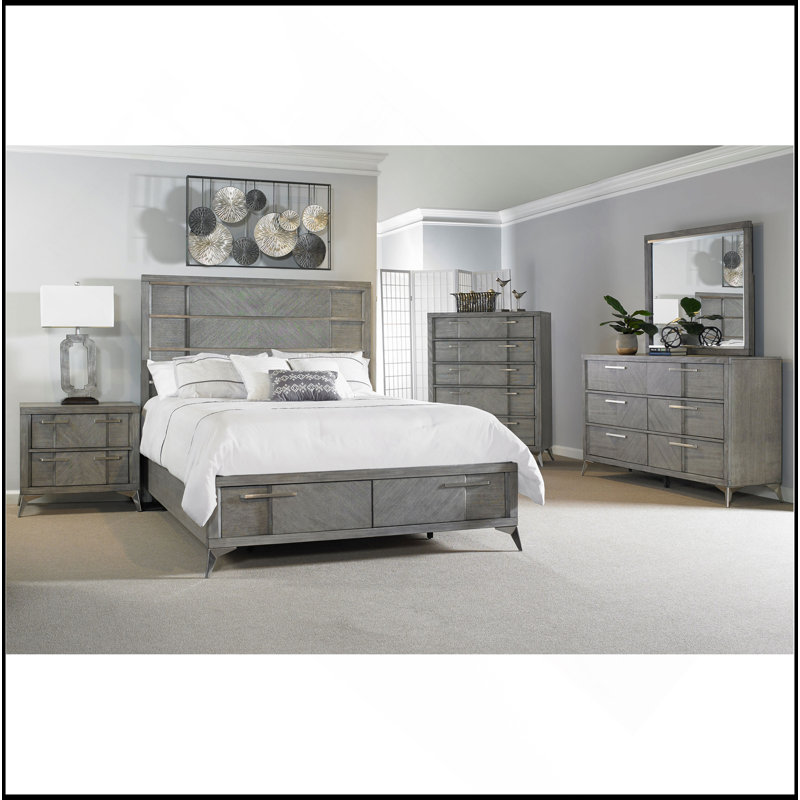 Grey King Storage Bed W/ Book Matched Veneer, King