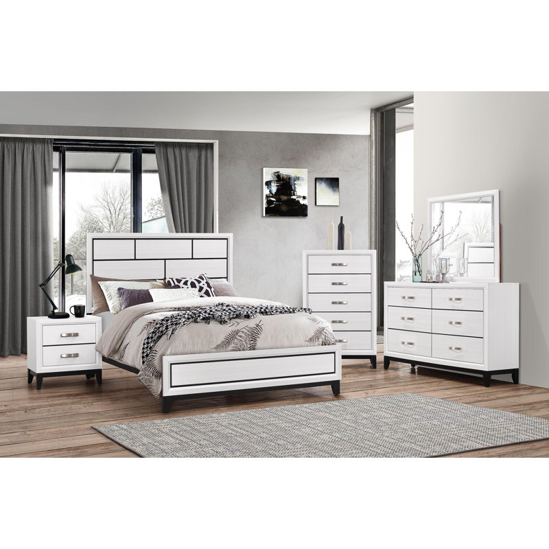 Yadier 5-1_Aubrey Panel Bedroom Set, Chalk, 5 Pcs: Bed, Nightstand, 2 Dressers, Mirror, Full