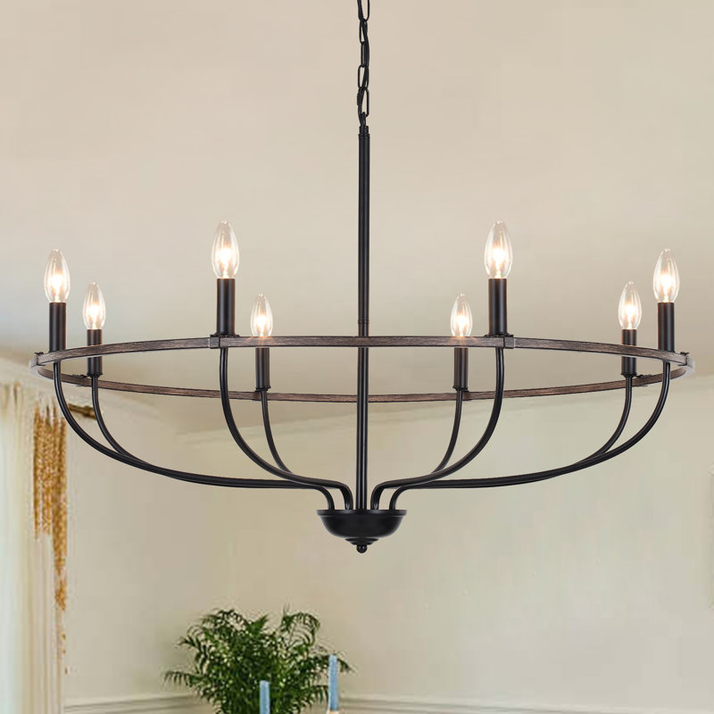 Thorgard 8-Light Wagon Wheel Chandelier, Dimmable Rustic Industrial Farmhouse Light Fixture in Iron for Kitchen Island, Dining Room, Lodge
