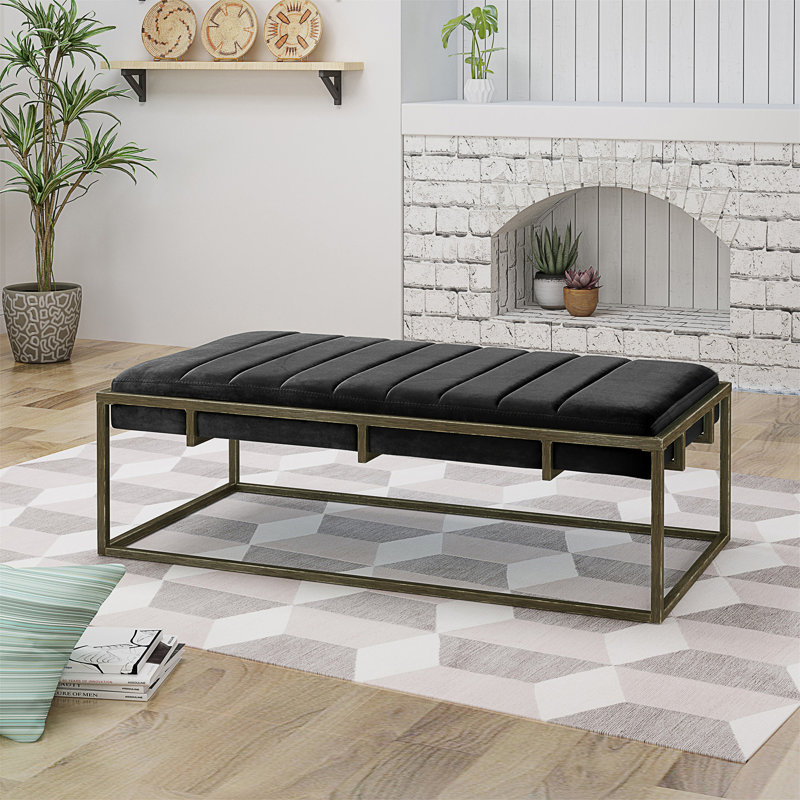 Upholstered Velvet Ottoman Bench With Brass Finish, Black