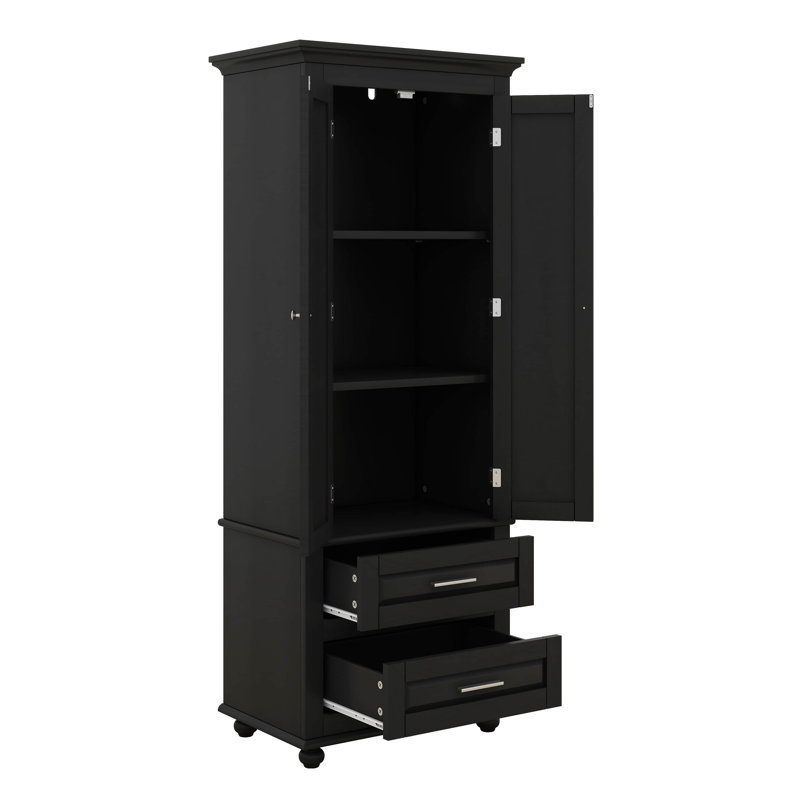 Grande armoire de rangement avec deux tiroirs pour la salle de bain ou le bureau, tablettes réglables, matériau en panneau de fibres à densité moyenne