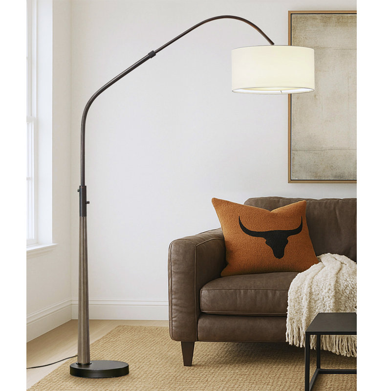 Lampe sur pied arquée en bois massif 81 po avec ampoule DEL à intensité variable Everly Quinn Quelia, Blanc, Bronze foncé
