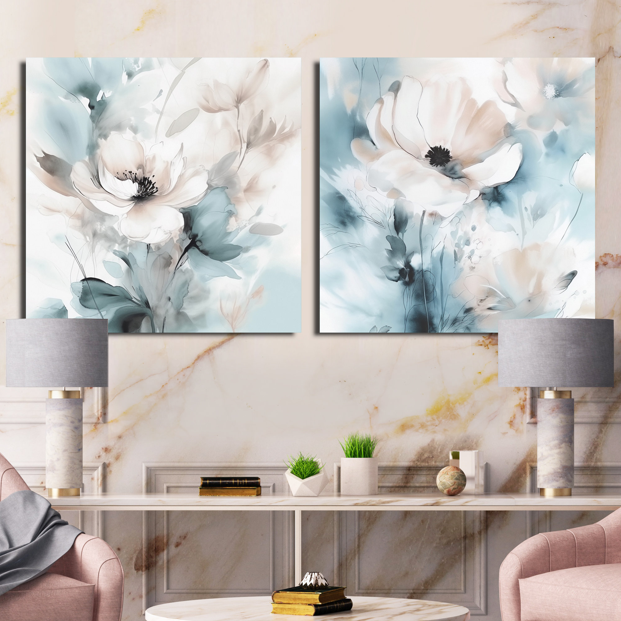 Lark Manor Delicate Grey Flowers Floral Square Collage Set Of 2 Wayfair