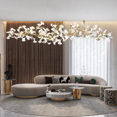 Lustre 98 branches en laiton 20 lumières avec feuilles de ginkgo en céramique 98 pouces