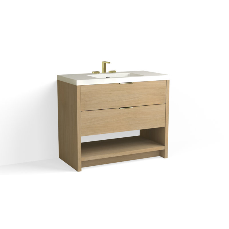 Vue 42" W Freestanding Single Bathroom Vanity, Glossy White/8" Widespread, Matte Black, White Nanomatte