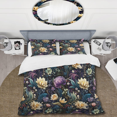 Ensemble de housse de couette floral en émeraude mauve foncé - polyester microfibre