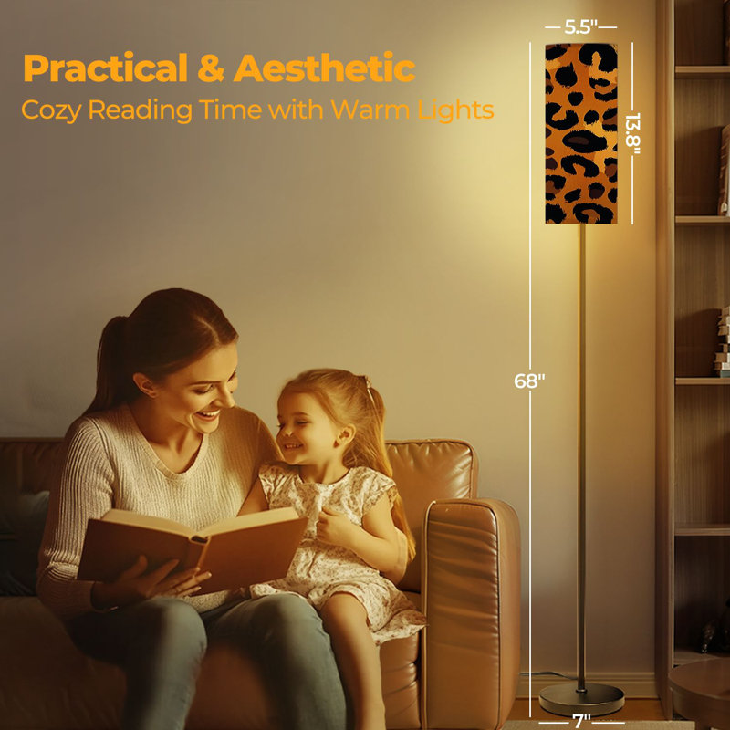  68.5" Standing Floor Lamp Abstract Leopard seamless Dimmable Metal Pole Lamp with Linen Lampshade LED Bulb Included
