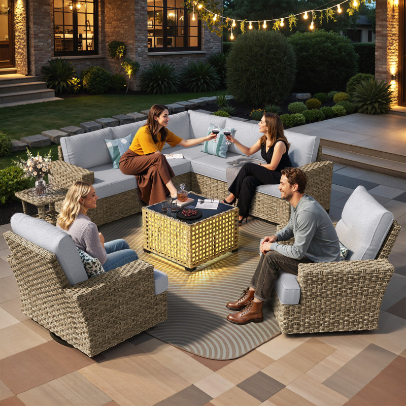 Dzion Outdoor Wicker 7 Person Seating Group With Cushions, Light Gray, No