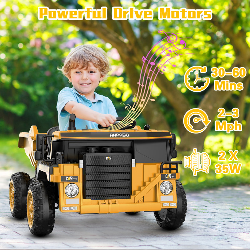 ANPABO 12V Ride on Dump Truck with Remote Control,Electric Dump Bed, Ride on Car for Kids,EVA Tires, Yellow