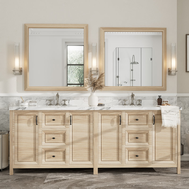 Amara Tempered Glass and Aluminum Alloy Framed French Cleat Mounted Wall Mirror, 40" x 38", Light Yellow Wood