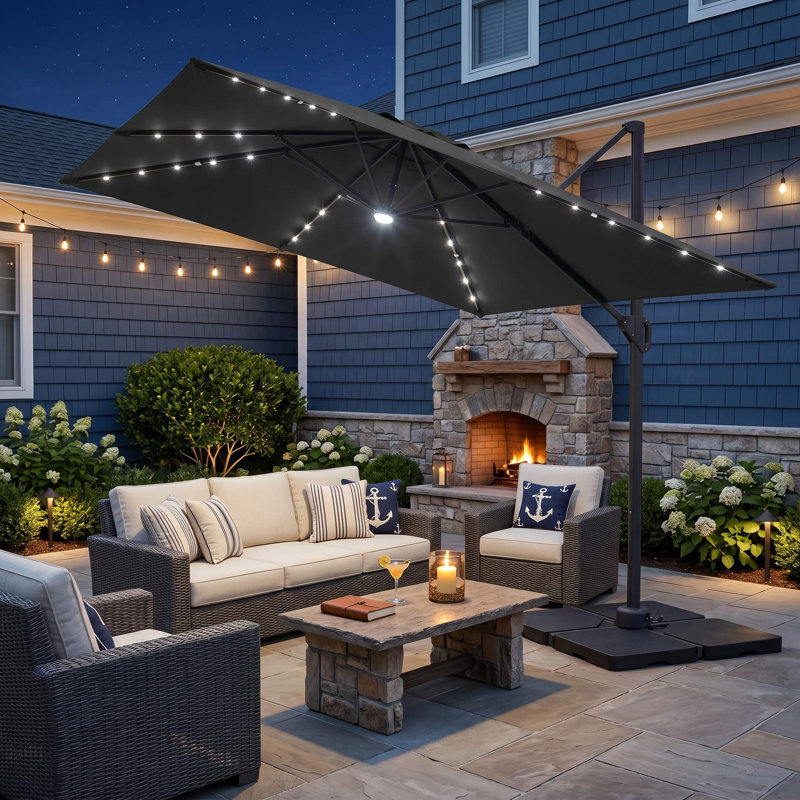 Parasol de patio en porte-à-faux décalé de 10 pi, guirlandes lumineuses à DEL à énergie solaire, auvent imperméable UV50 + et cadre antirouille, convient au bord de la piscine, au jardin
