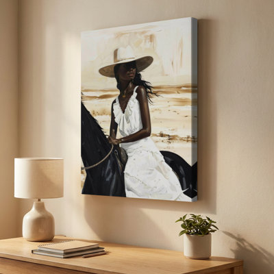 Femme noire en robe blanche et chapeau chevauchant un cheval, impression sur toile de style impressionniste. Peinture moderne, galerie profonde de 1 po, 24 po x 36 po