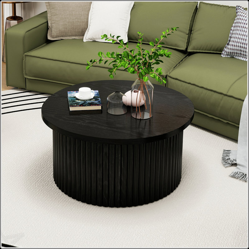 Table basse ronde avec grain de bois et rangement à couvercle rabattable pour les salons modernes, Noir