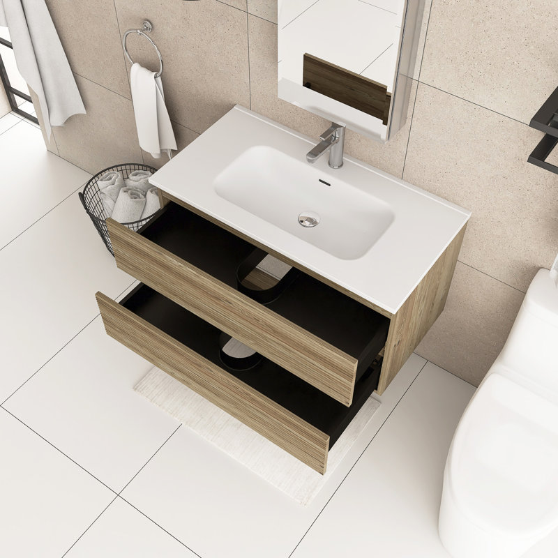 Meuble-lavabo mural 36 po en chêne brut et chêne brut avec lavabo en céramique intégré et trop-plein