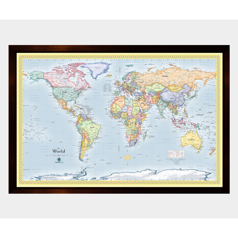 Carte du monde magnétique encadrée, H 25 po x l 37 po x P 1 po, Bleu