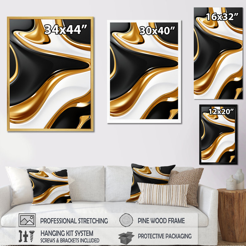 Vague liquide or noir et blanc dimension I sur toile, H 20 po x l 12 po x P 1 po, Cadre simple blanc