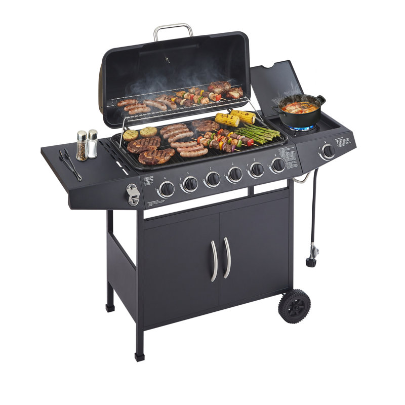 Gril à gaz propane de 576 po² de surface de cuisson avec 6 brûleurs principaux, 1 brûleur latéral et une grille de maintien au chaud pour les repas en famille. Bac à graisse de surface. Nettoyage facile.