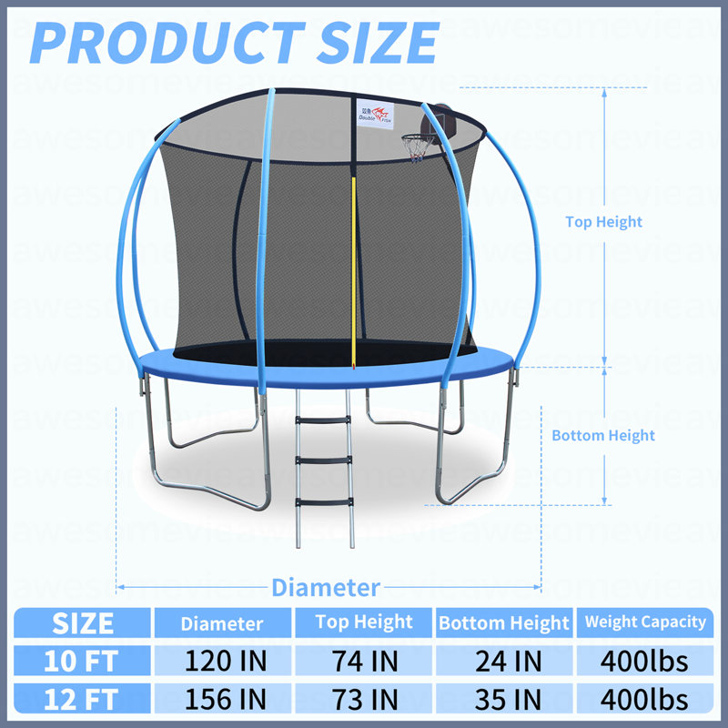 Mini trampoline de remise en forme pliable 12 pieds avec main courante pour adultes, capacité de 400 lb, cadre en fer rond bleu, compact et portable pour les entraînements à domicile