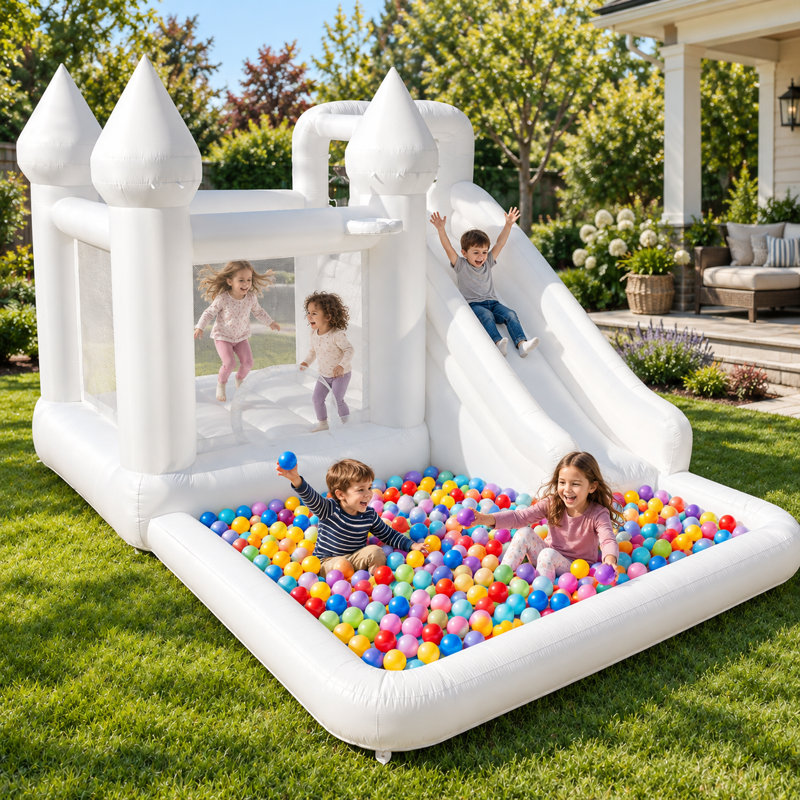 Château gonflable blanc 13,7 pi avec glissade, fosse à balles et souffleur, château gonflable en tissu Oxford pour enfants, jeux d'intérieur et d'extérieur