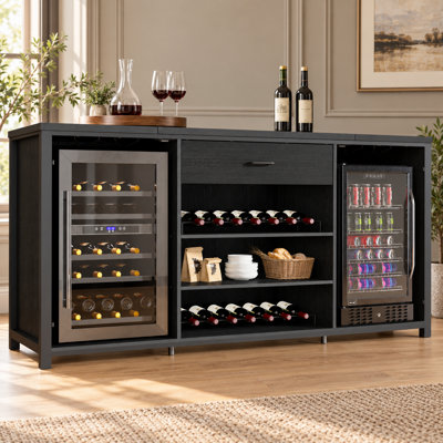 70.9" Industrial Home Bar Cabinet with Mini Fridge Space, Wine Rack, Stemware Holders and Drawer, Fridge Not Included