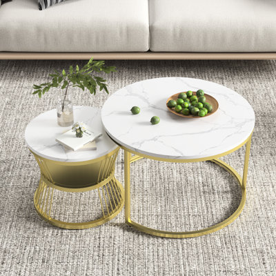 Modern Coffee Tables, Round Nesting Tables Set Of 2, Side Tables With Metal Frame And Open Storage Shelf, Industrial Stacking End Tables For Living Room Bedroom Office