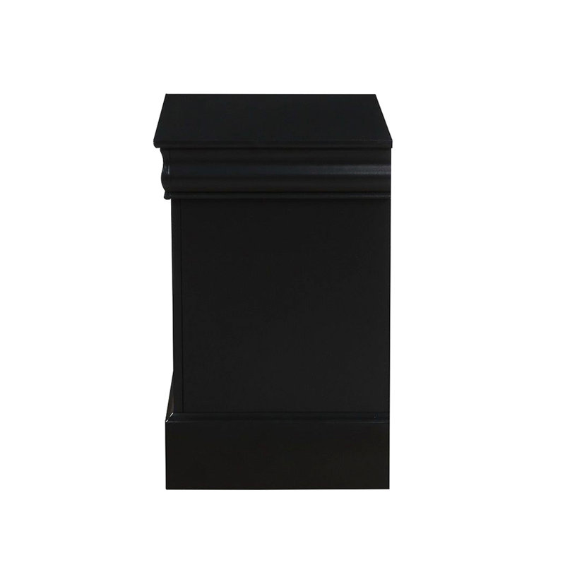 Table de chevet noire avec 2 tiroirs et glissière en métal, poignée élégante en nickel brossé