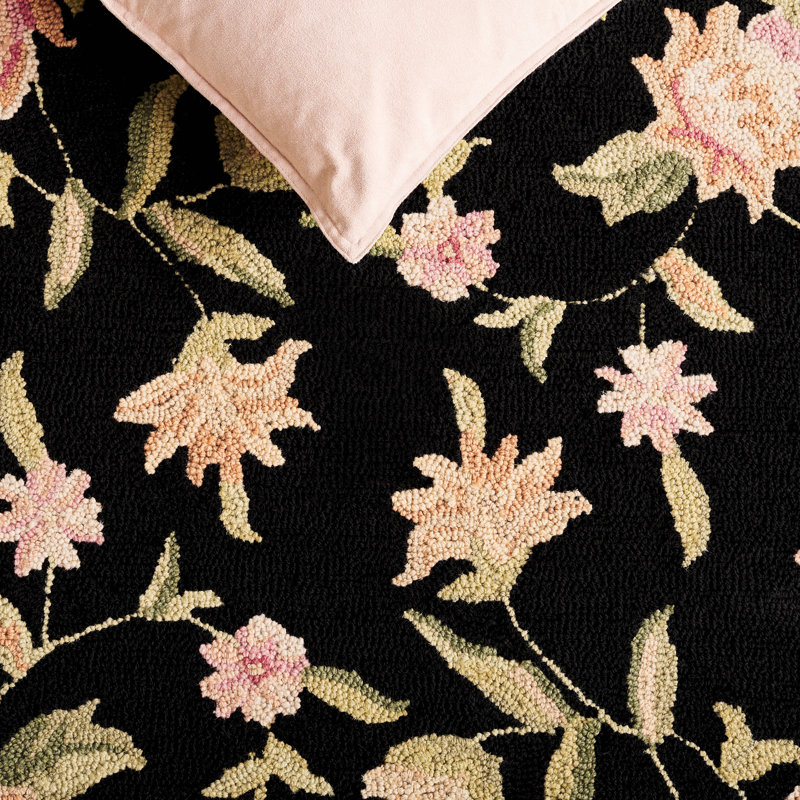 Kinchen Hand Hooked Wool Floral Rug, Runner 2'6" x 8', Black