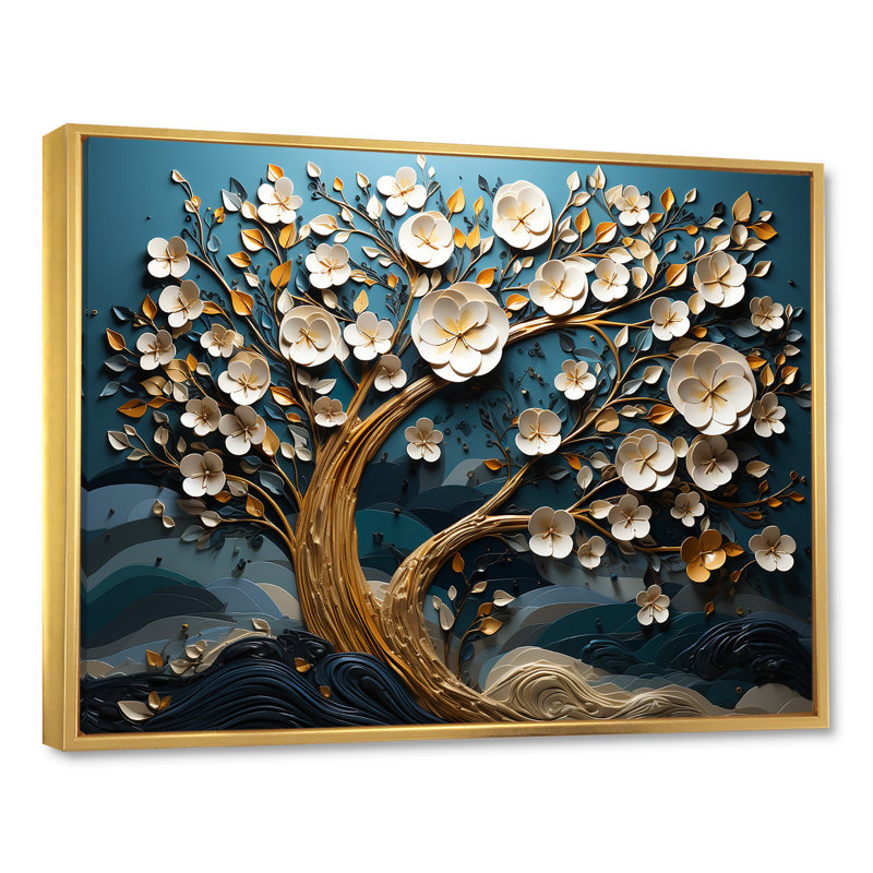 Arbre d'orchidée bleu et blanc doré de branches VI - arbre, art mural, Cadre flottant doré, H 30 po x l 40 po x P 1,5 po