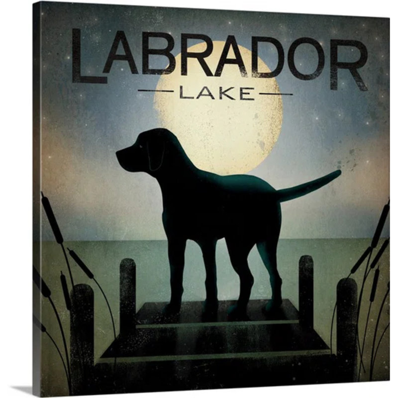 «Moonrise Black Dog - Labrador Lake» par Ryan Fowler, affiche vintage, H 24 po x l 24 po, Toile tendue, Sans cadre