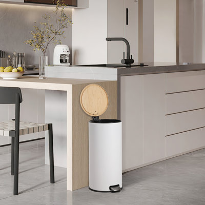 30 Liter/8 Gallon Step Trash Can with Bamboo Lid, Round Slim Stainless Steel Garbage Can