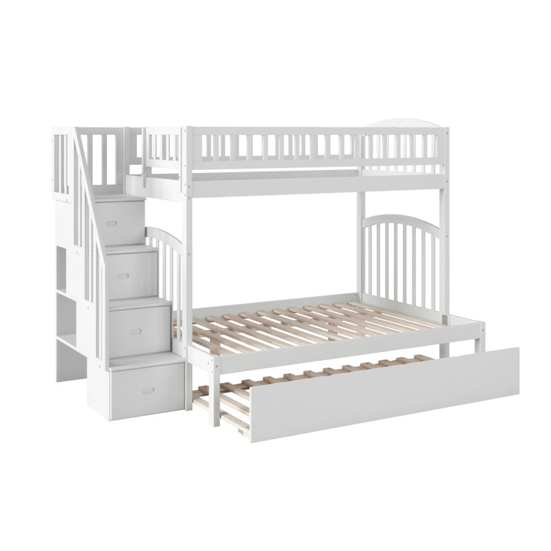 Jaxson Twin Over Full Solid Wood Staircase Bunk Bed with Trundle, Twin/Full, White